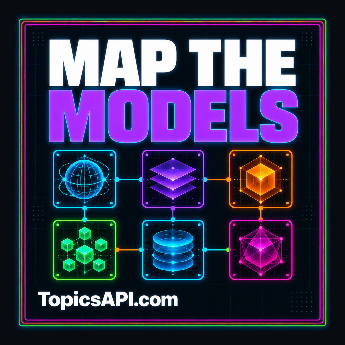 Map the Models: a neon model taxonomy poster with a multicolor pinstripe frame, branded TopicsAPI.com.